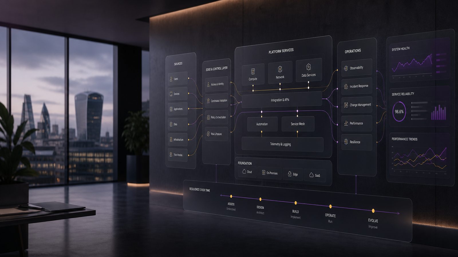 Abstract security architecture illustration with layered systems, connected data flows, and subtle gold and purple accents