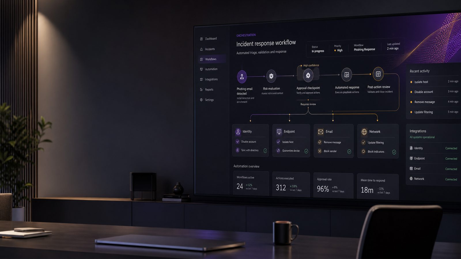 Abstract security operations dashboard showing automated response workflows, approval checkpoints, and orchestration across security tools.