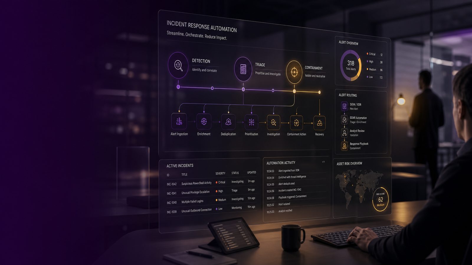 Modern security operations dashboard showing automated incident response workflows with subtle gold and purple accents