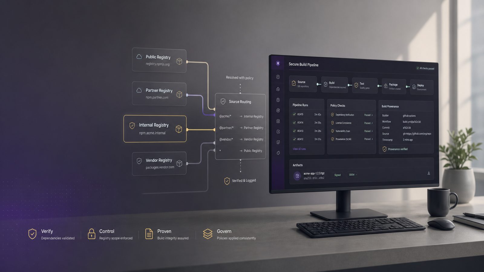 Abstract secure software supply chain dashboard showing controlled package registry routing and dependency management in a clean modern interface