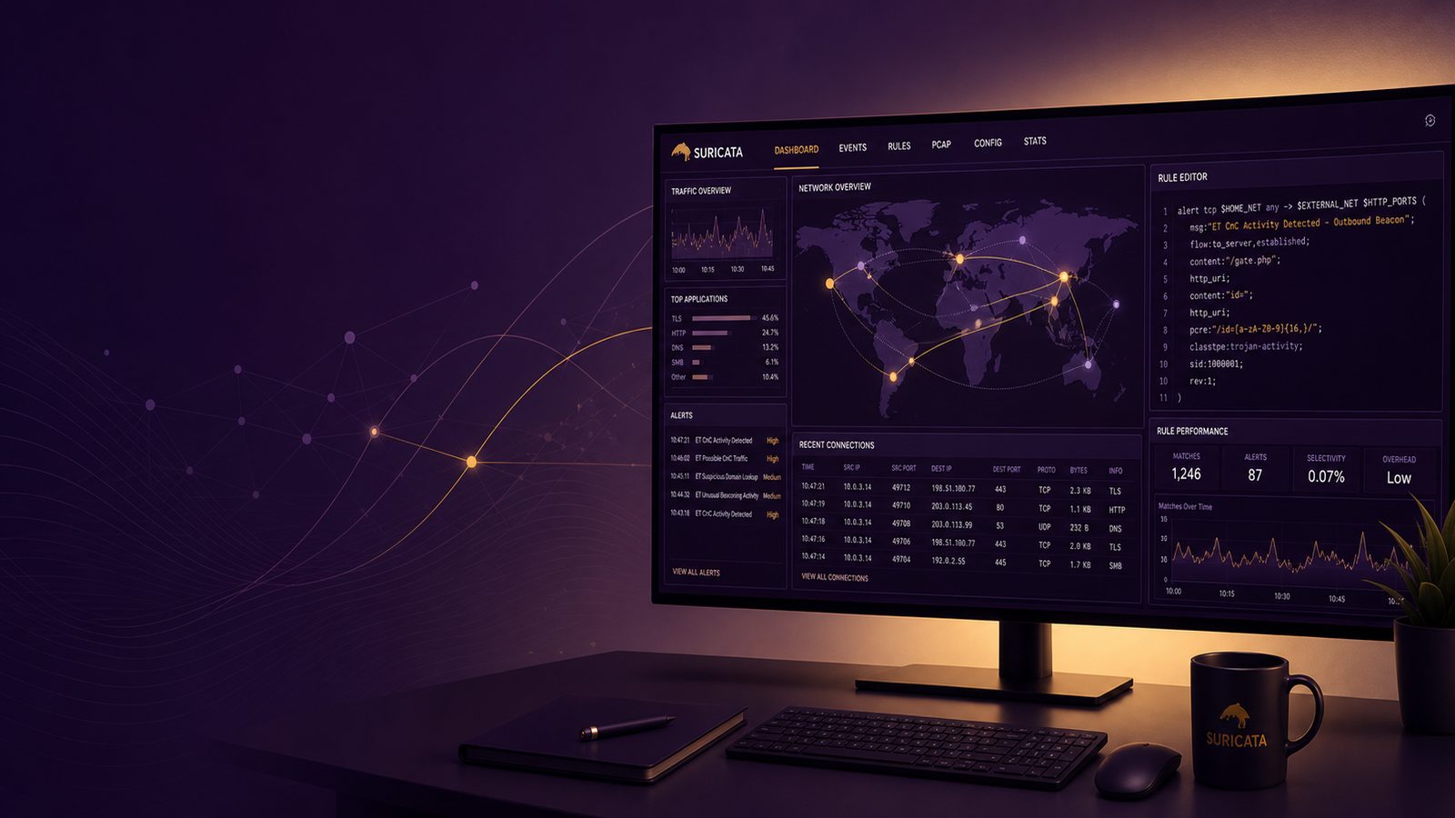 Modern security operations dashboard showing network traffic analysis and Suricata rule development for detecting command-and-control activity