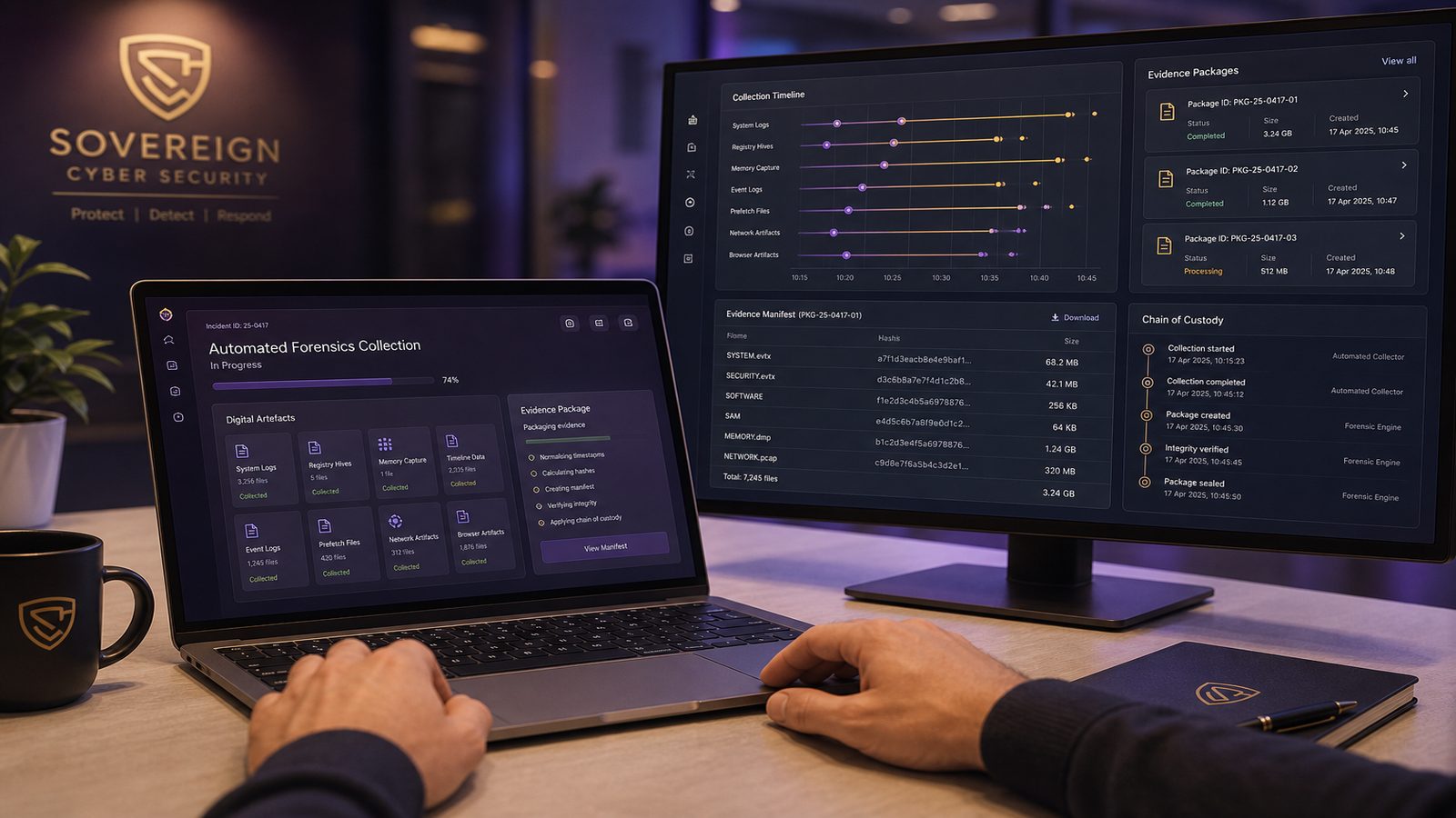 A calm cybersecurity analyst workspace showing automated evidence collection and forensic artefacts on screens with subtle gold and purple accents.