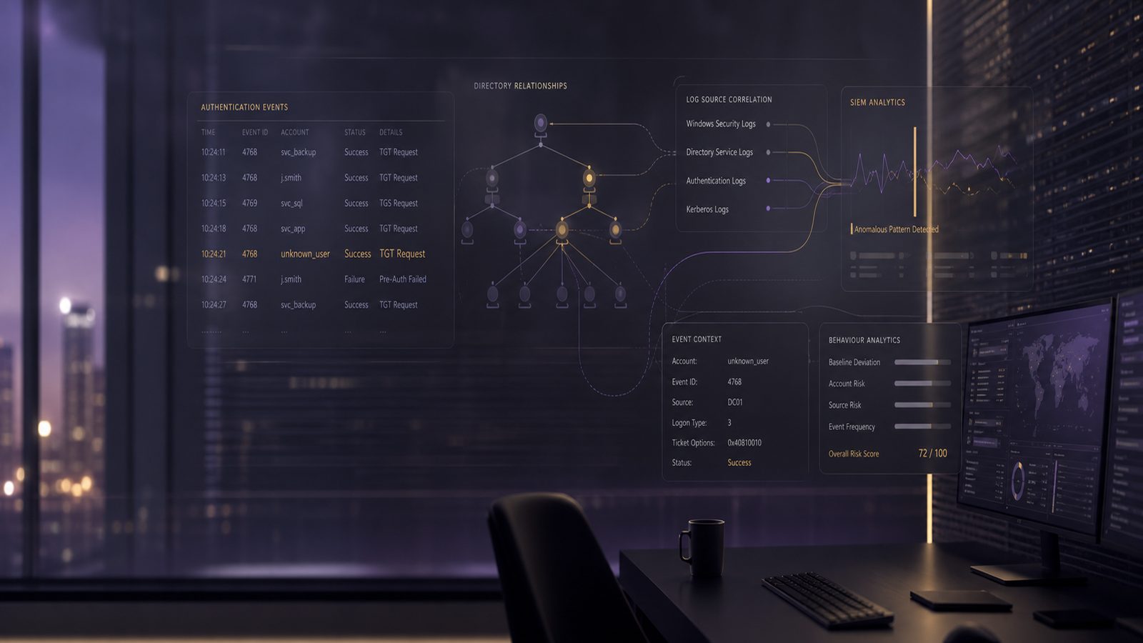 Abstract cybersecurity dashboard showing Active Directory authentication log analysis with subtle gold and purple highlights
