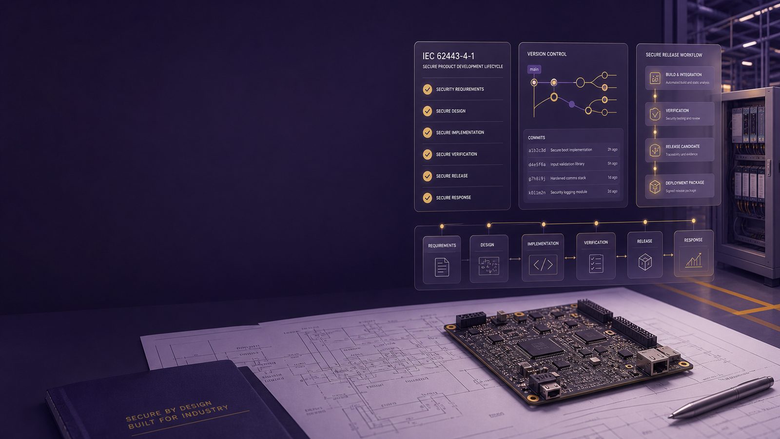 Industrial software development scene with abstract secure release workflow, circuit board details, and subtle OT equipment in a restrained purple and gold palette