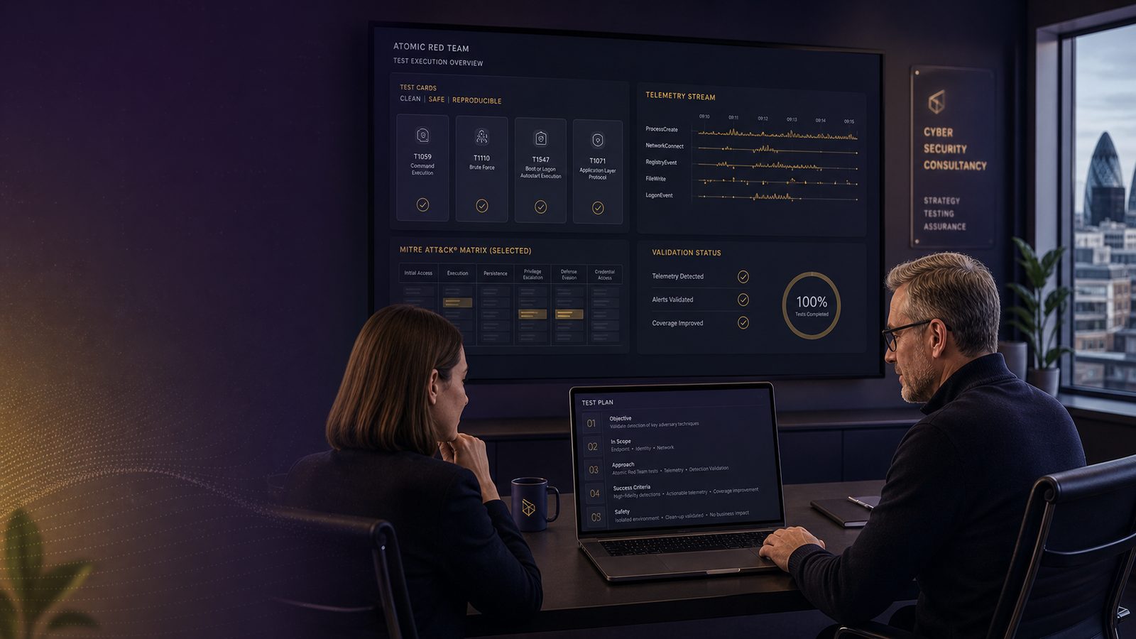 Security consultant and analyst reviewing controlled detection test results on a modern dashboard in a calm cybersecurity workspace