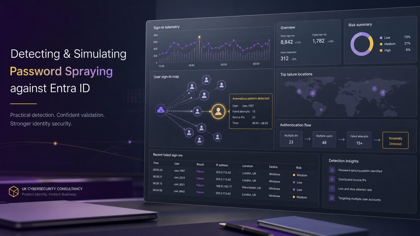 Abstract cybersecurity dashboard showing identity sign-in telemetry, failed login patterns, and anomaly detection for Entra ID