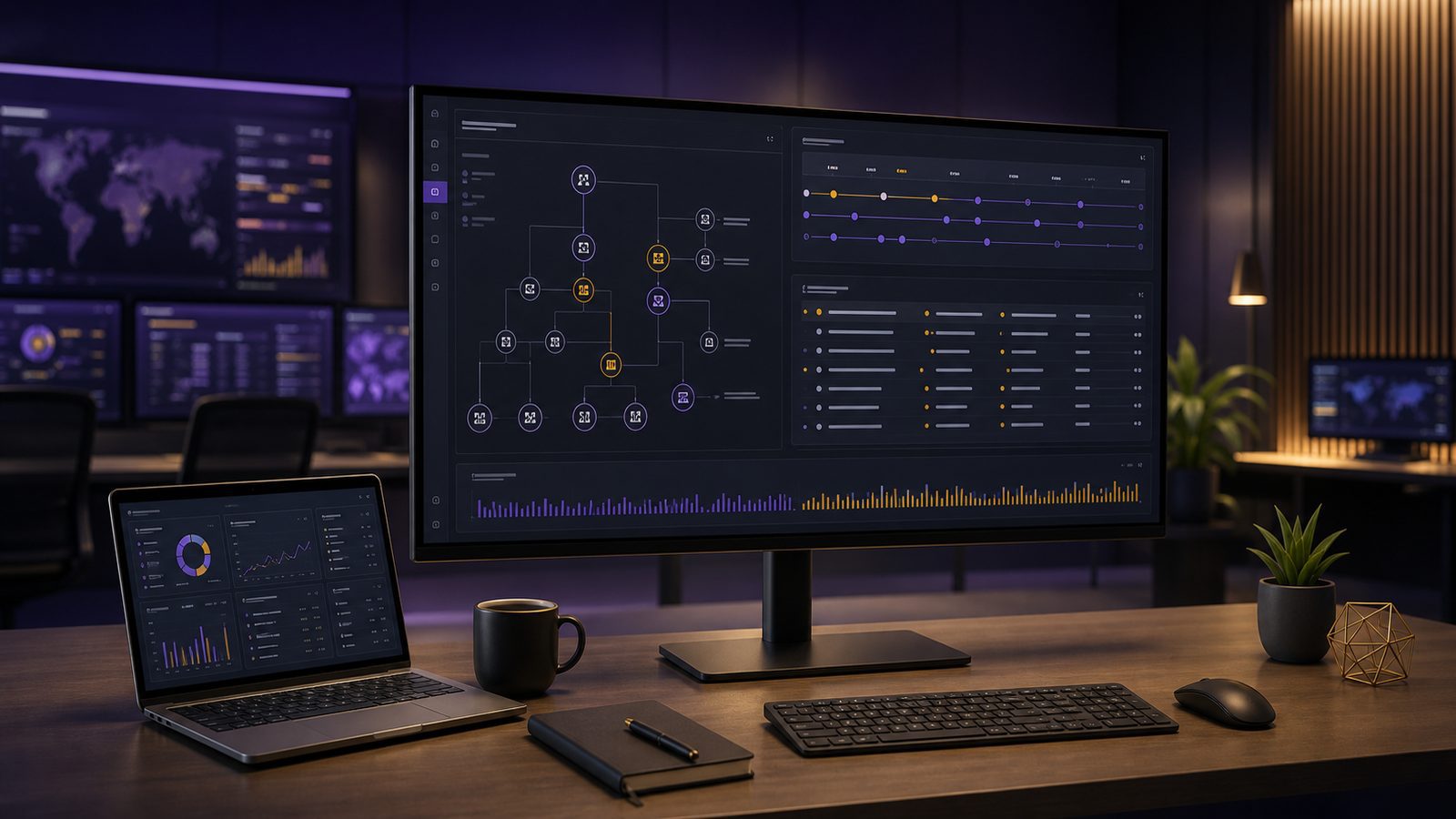 A modern security operations workspace with a widescreen monitor showing abstract Sysmon process telemetry and log visualisations in a calm gold and purple accented interface.