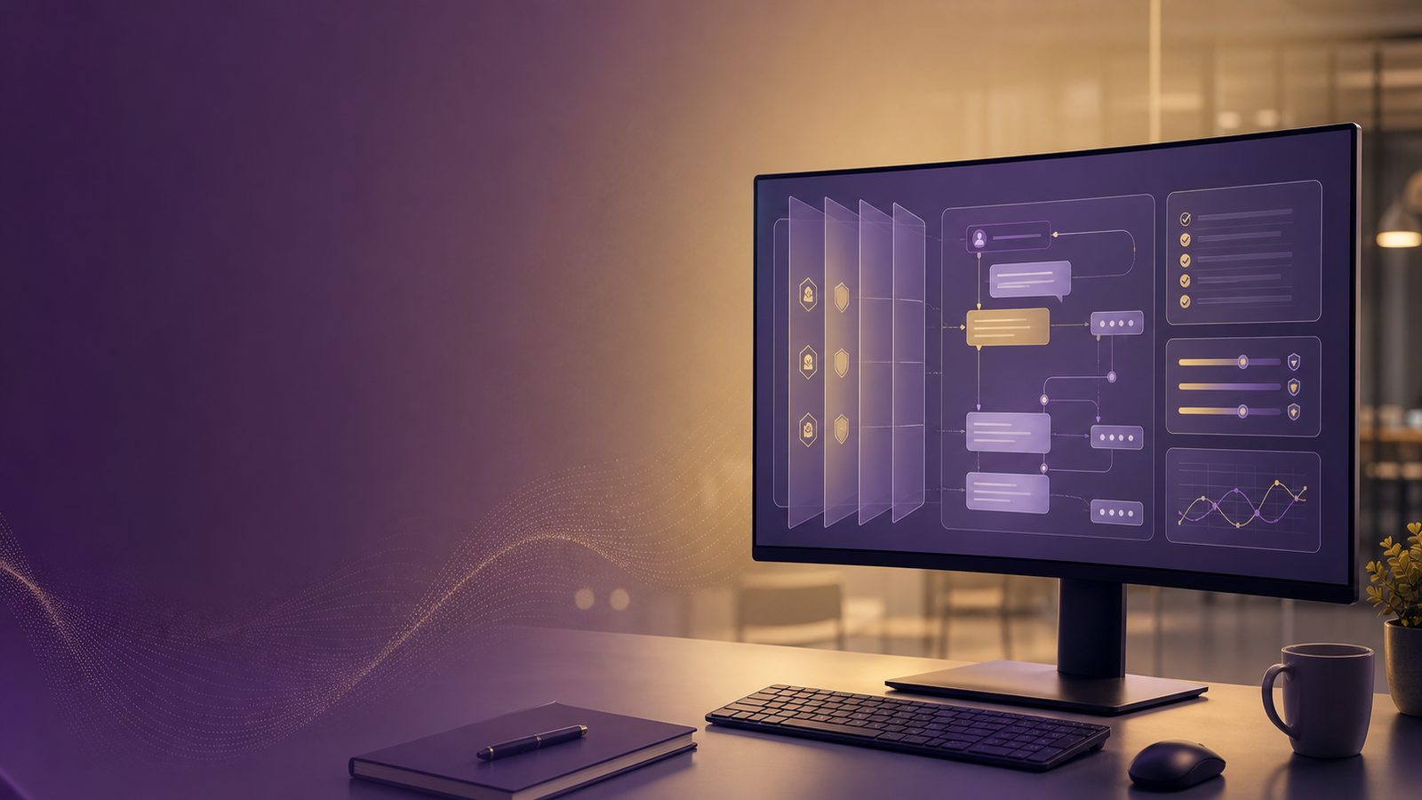 A professional AI chatbot testing interface with layered guardrail checks and subtle gold and purple accents in a modern workspace.