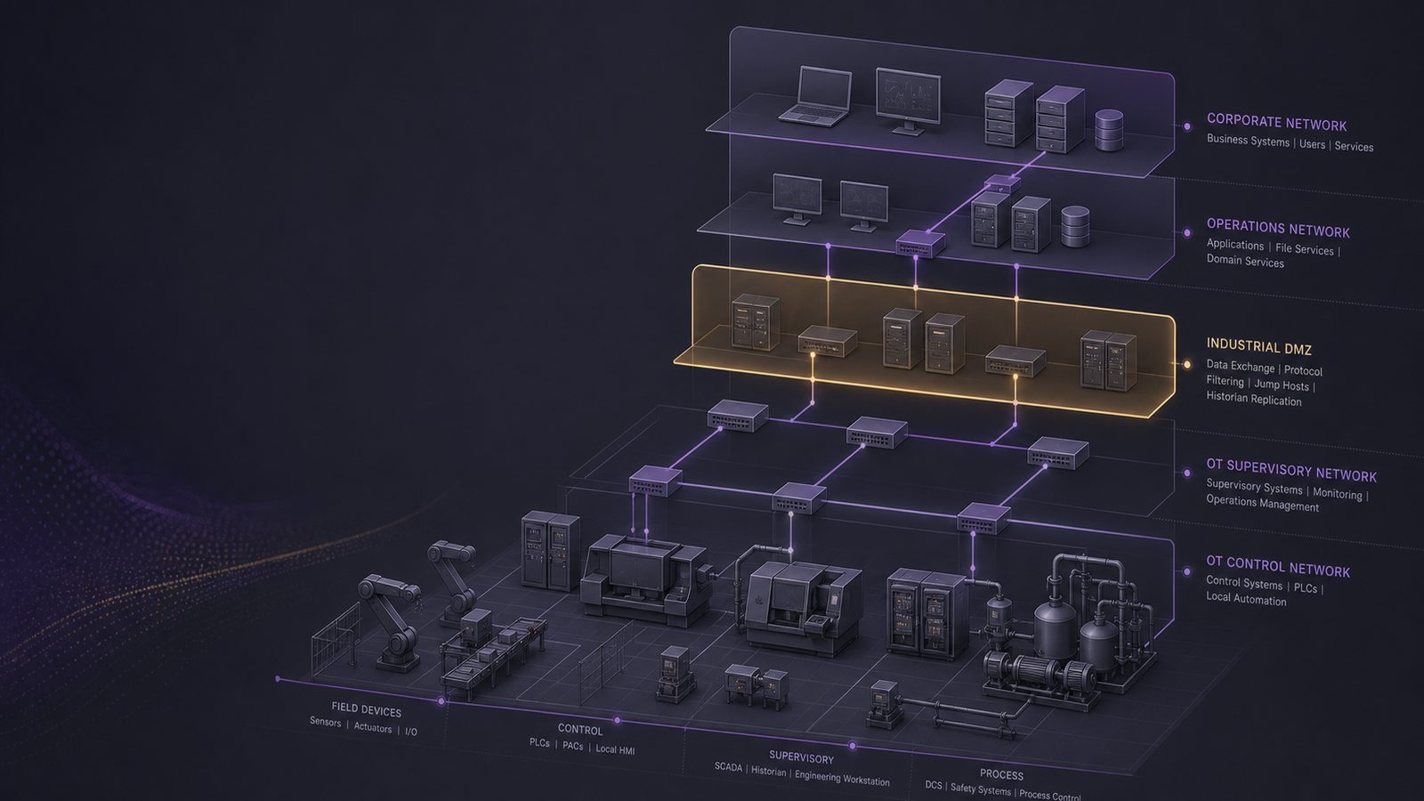 Abstract industrial network segmentation diagram showing layered OT zones, controlled conduits, and an industrial DMZ in a calm technical style