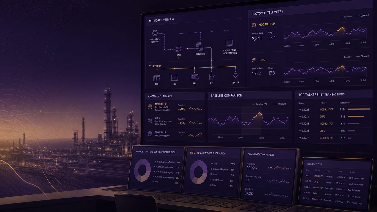 Industrial cyber monitoring dashboard showing OT protocol telemetry and subtle anomaly indicators in a modern control room