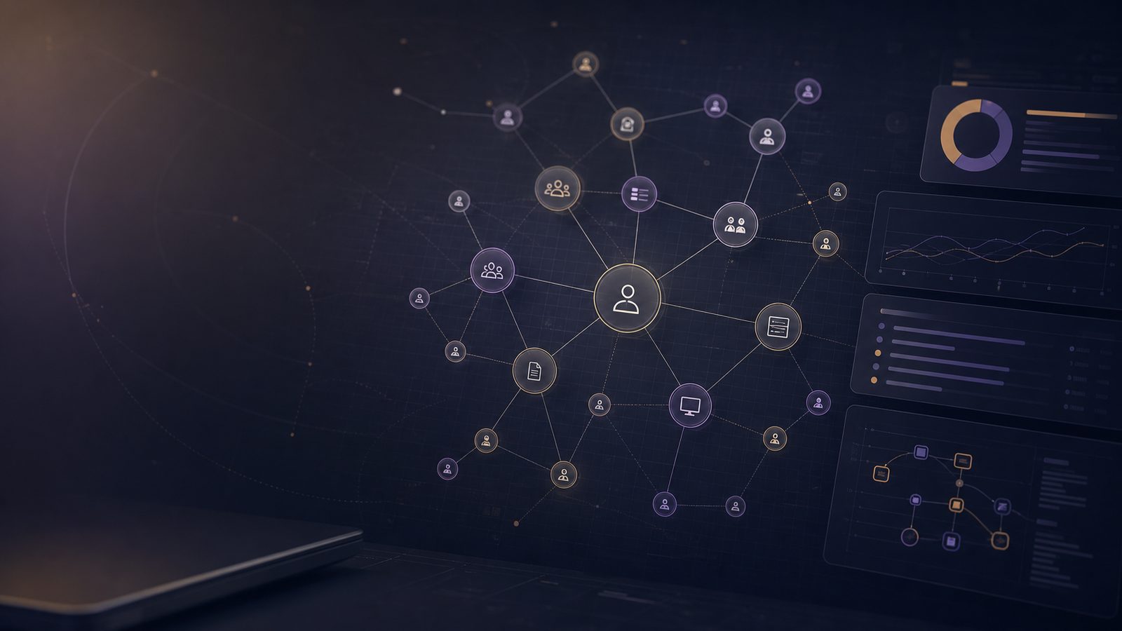 Abstract identity graph and Active Directory attack path visualisation with subtle purple and gold accents