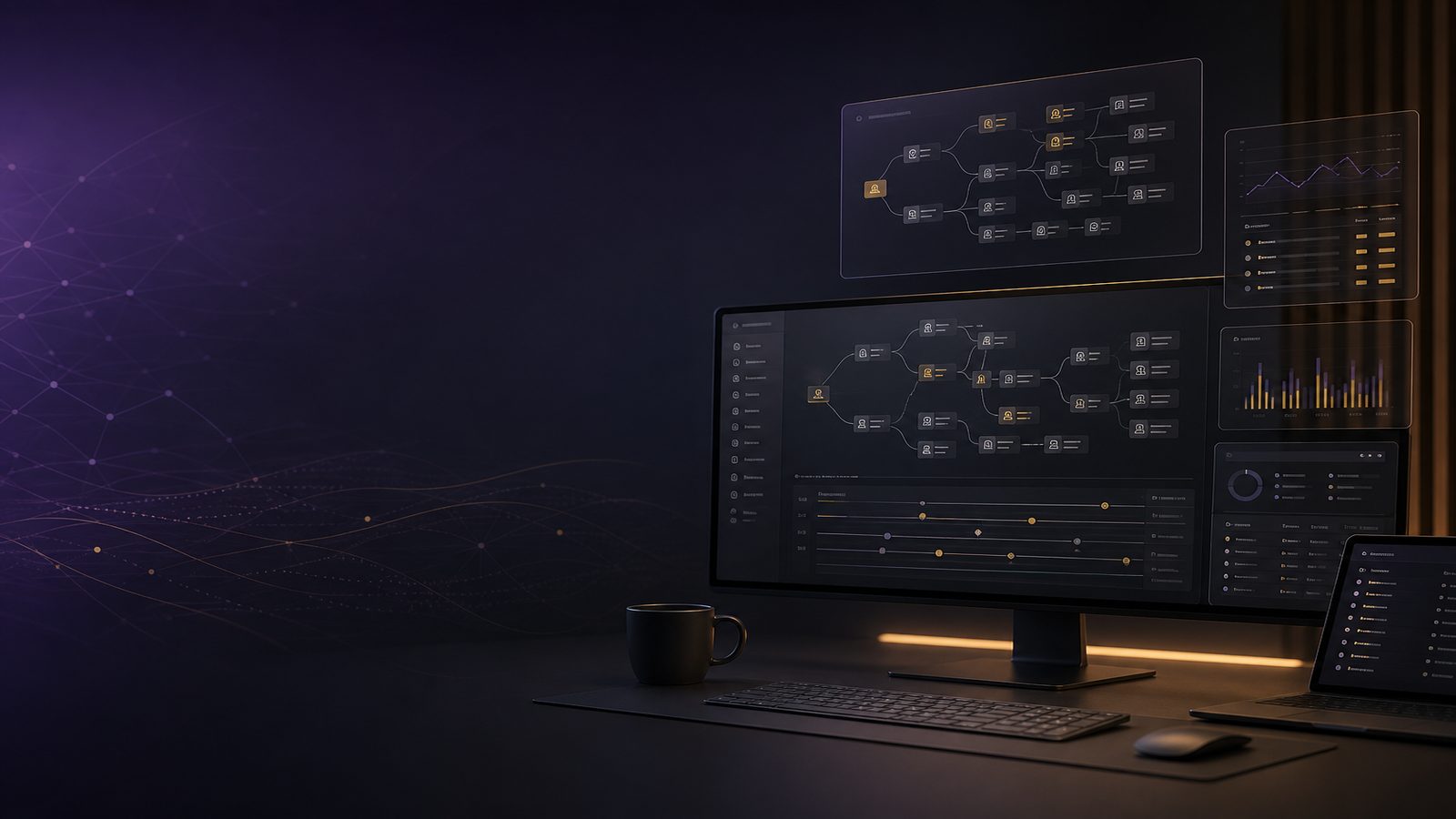 Abstract security operations dashboard showing endpoint process telemetry and detection analysis with subtle gold and purple accents