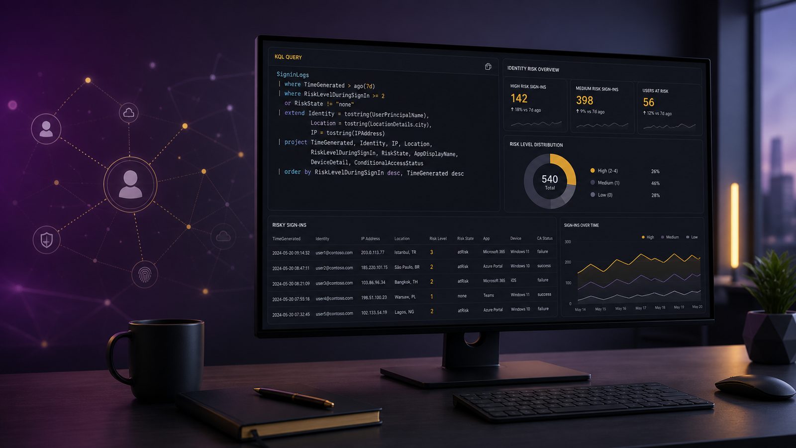Modern security operations dashboard showing abstract Entra ID sign-in risk analysis and KQL query monitoring in Microsoft Sentinel