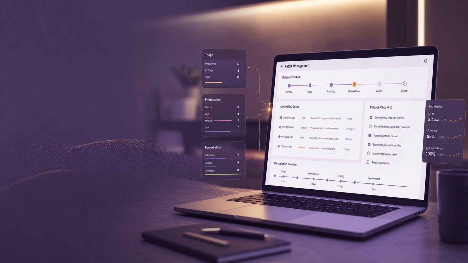 A calm security workflow dashboard with patch management and vulnerability triage elements in a modern office setting