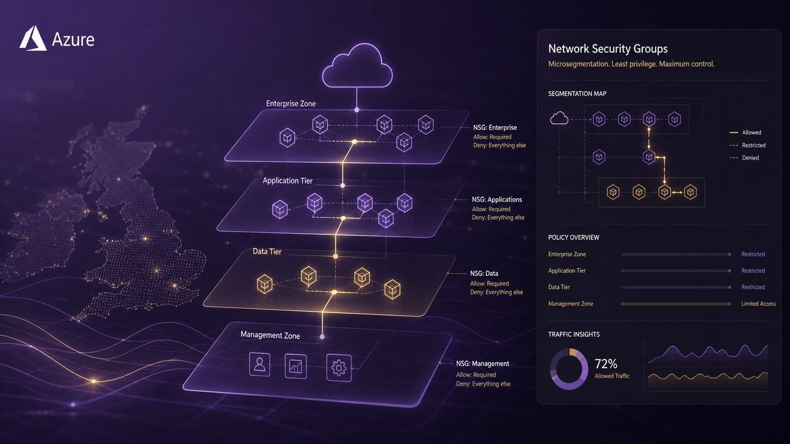 Abstract Azure network segmentation diagram showing layered trust zones and controlled connections for microsegmentation design.