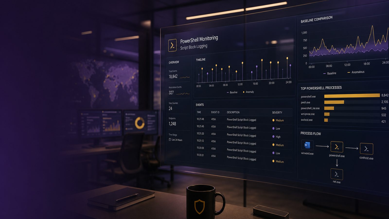 A professional security operations scene showing abstract PowerShell telemetry and script block logging on a dashboard with subtle purple and gold accents.