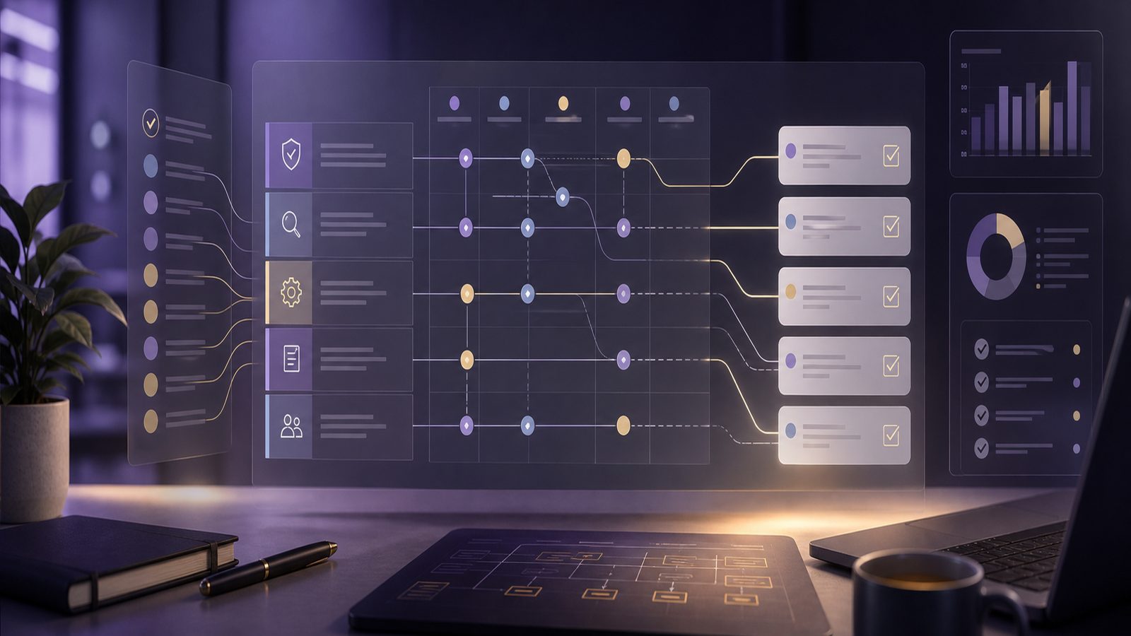 Abstract governance workspace showing a structured mapping between NIST CSF and ISO 27001 with connected framework panels and subtle gold and purple accents.