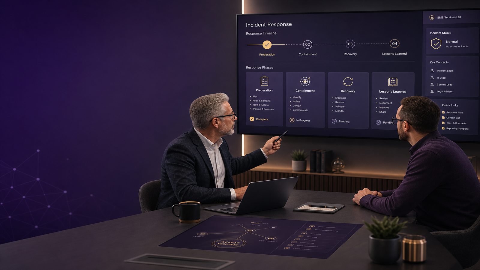 SME incident response planning scene with consultants reviewing a response checklist and dashboard in a modern office setting