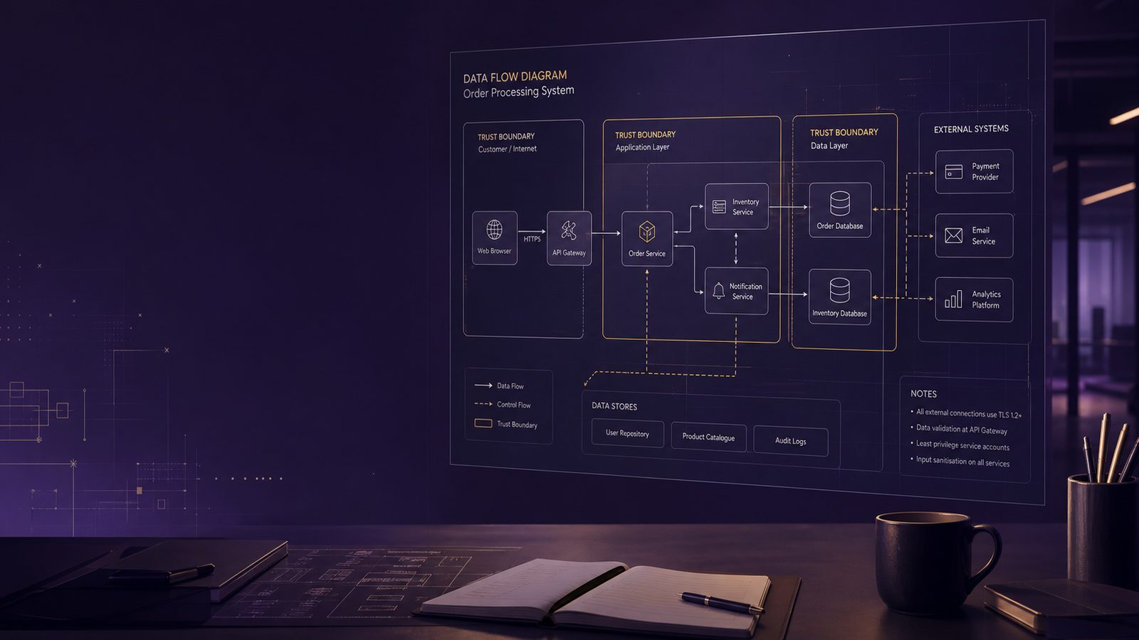 Abstract security architecture diagram showing data flows, trust boundaries, and connected systems in a professional purple and gold technical workspace
