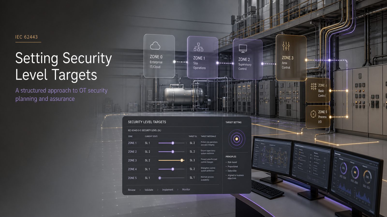 Industrial OT control-room scene with abstract zone boundaries and a subtle security level target interface in a restrained gold and purple palette.