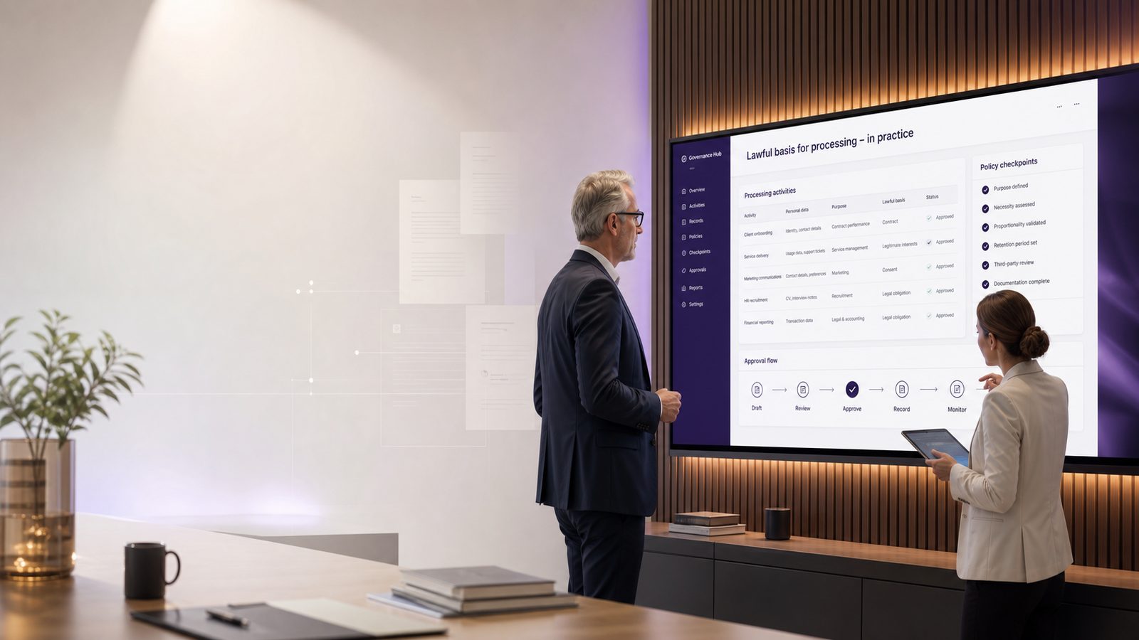 SME decision-maker and cybersecurity consultant reviewing a digital data governance dashboard with subtle compliance and record-keeping visuals