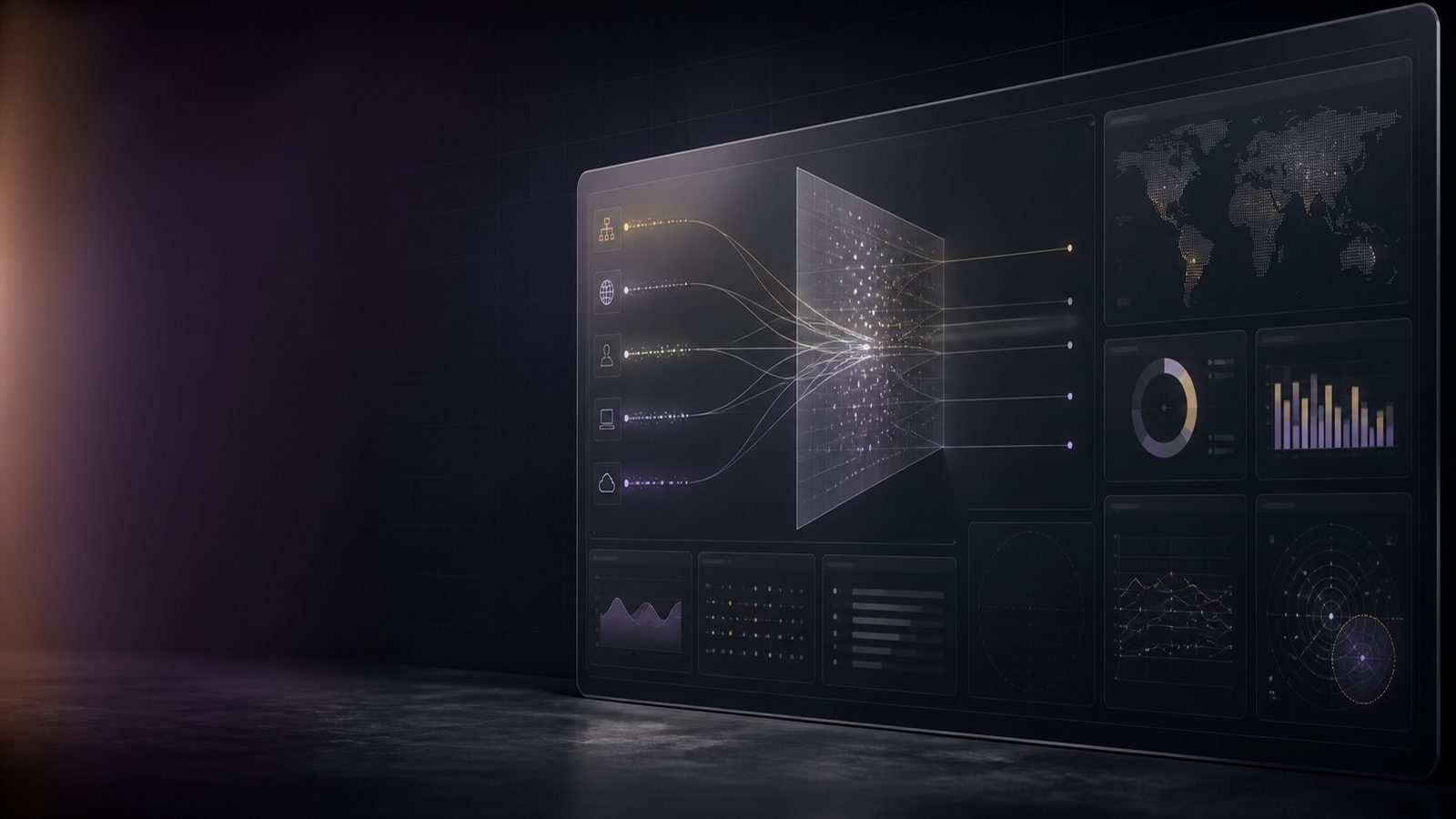 Abstract security monitoring dashboard showing coverage with subtle blind spots in a professional wide layout.