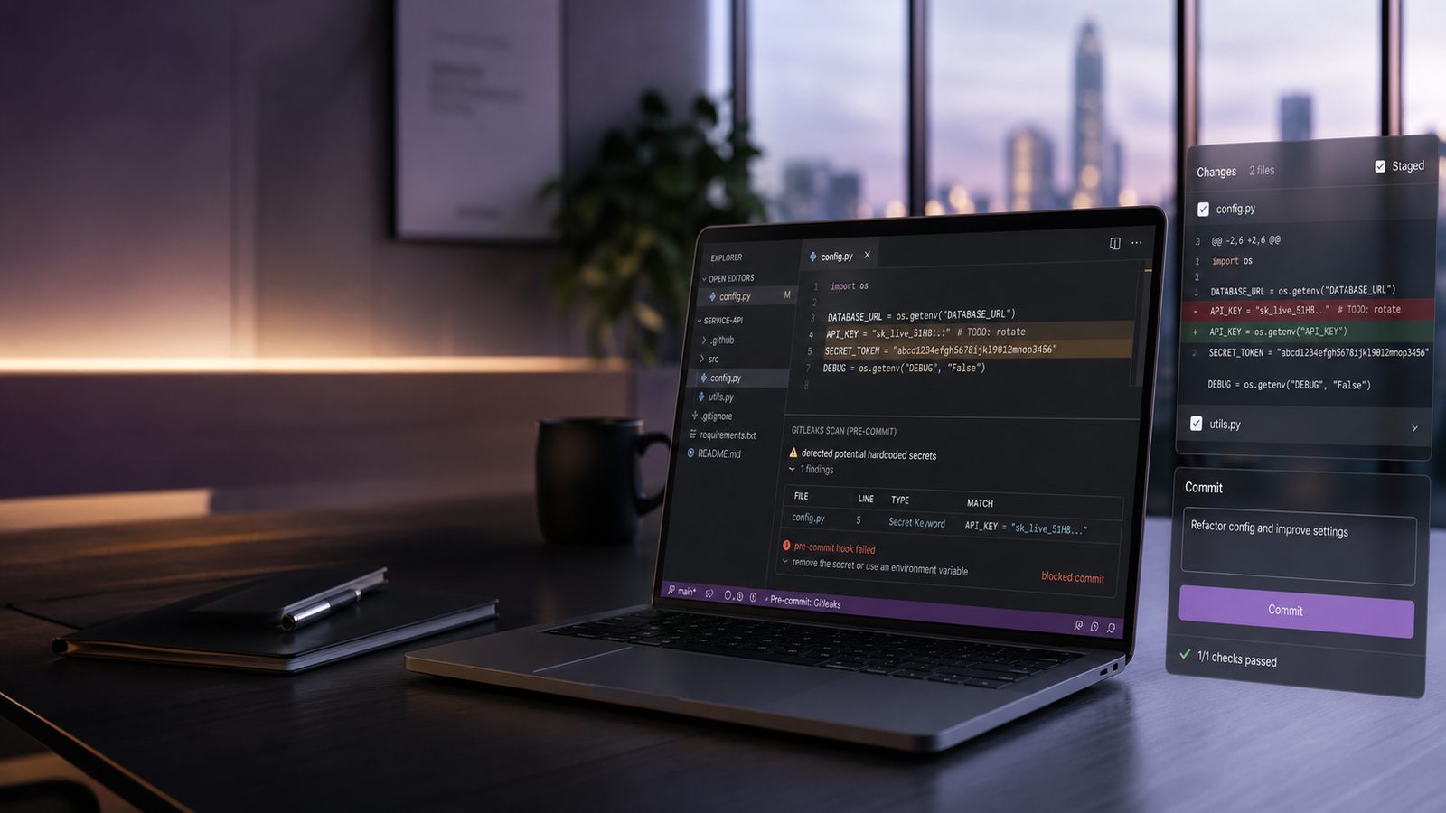 A modern developer workspace showing a code editor with a subtle Gitleaks-style secret scan overlay and highlighted lines, representing pre-commit secret detection.