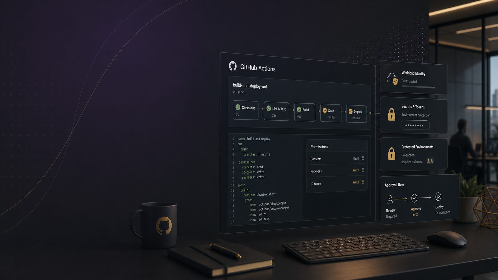 Abstract secure GitHub Actions workflow with CI/CD pipeline panels, permission controls, and subtle gold and purple accents