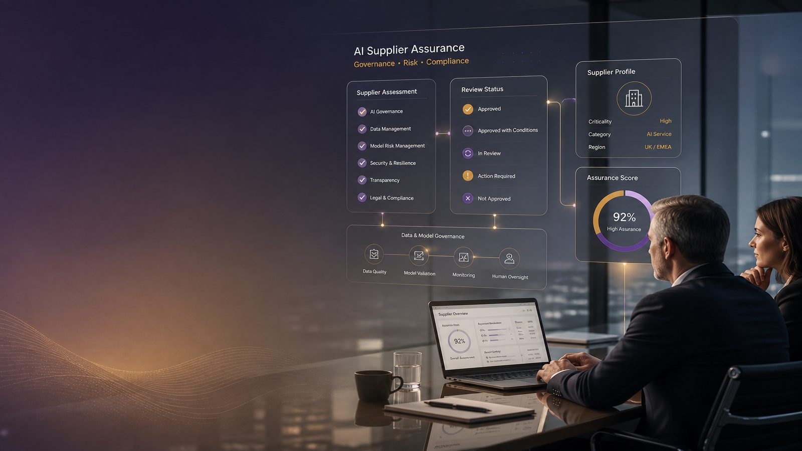 Business professionals reviewing an AI supplier governance dashboard with subtle checklist and data flow visuals in a calm corporate setting.