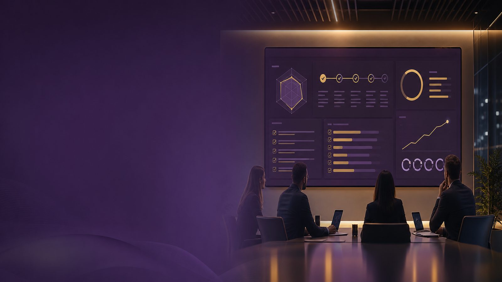 Abstract software maturity dashboard in a modern corporate setting with subtle purple and gold accents