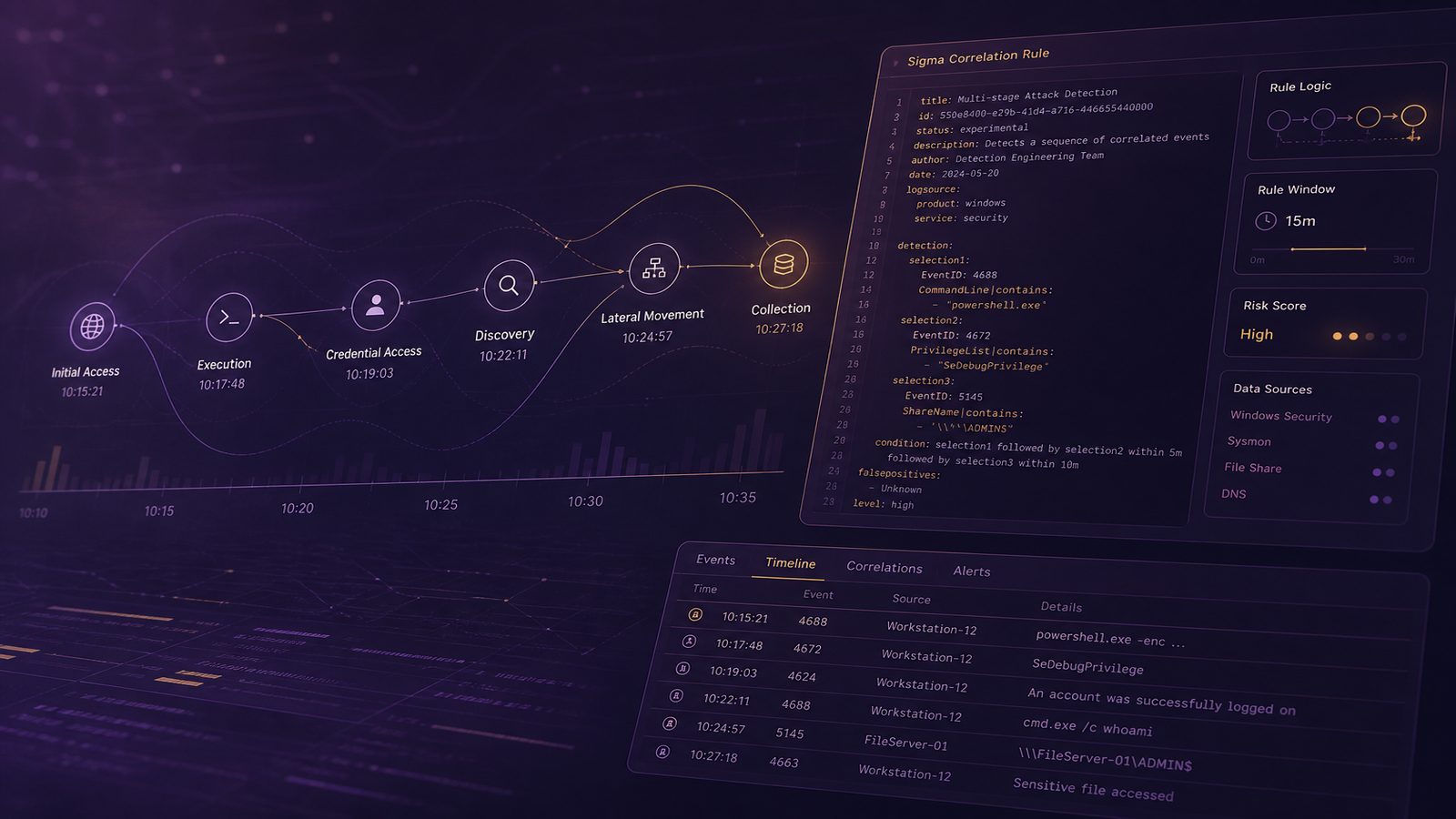 Abstract cybersecurity dashboard showing connected event stages and timeline markers for Sigma correlation rule design