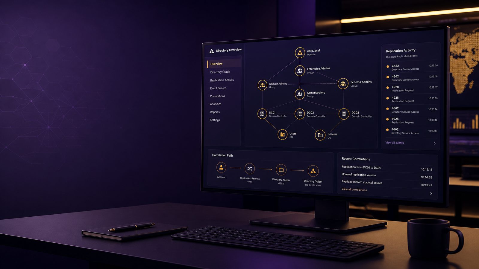 Abstract security operations dashboard showing directory replication logs and identity monitoring for detecting DCSync activity