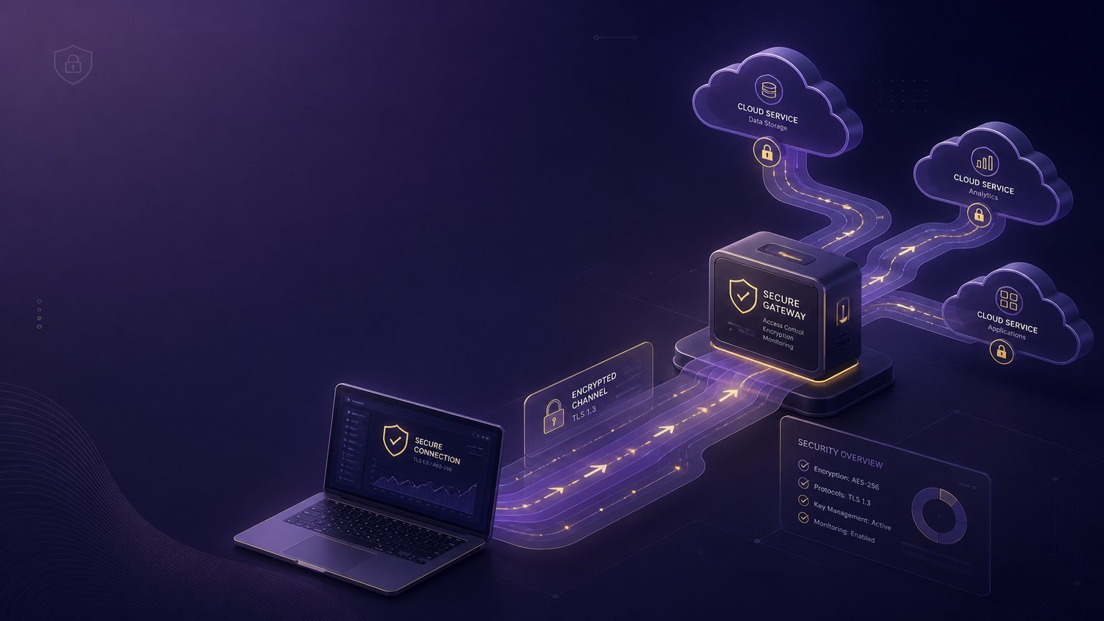 Abstract security architecture illustration showing encrypted data flowing through secure channels between devices and cloud systems