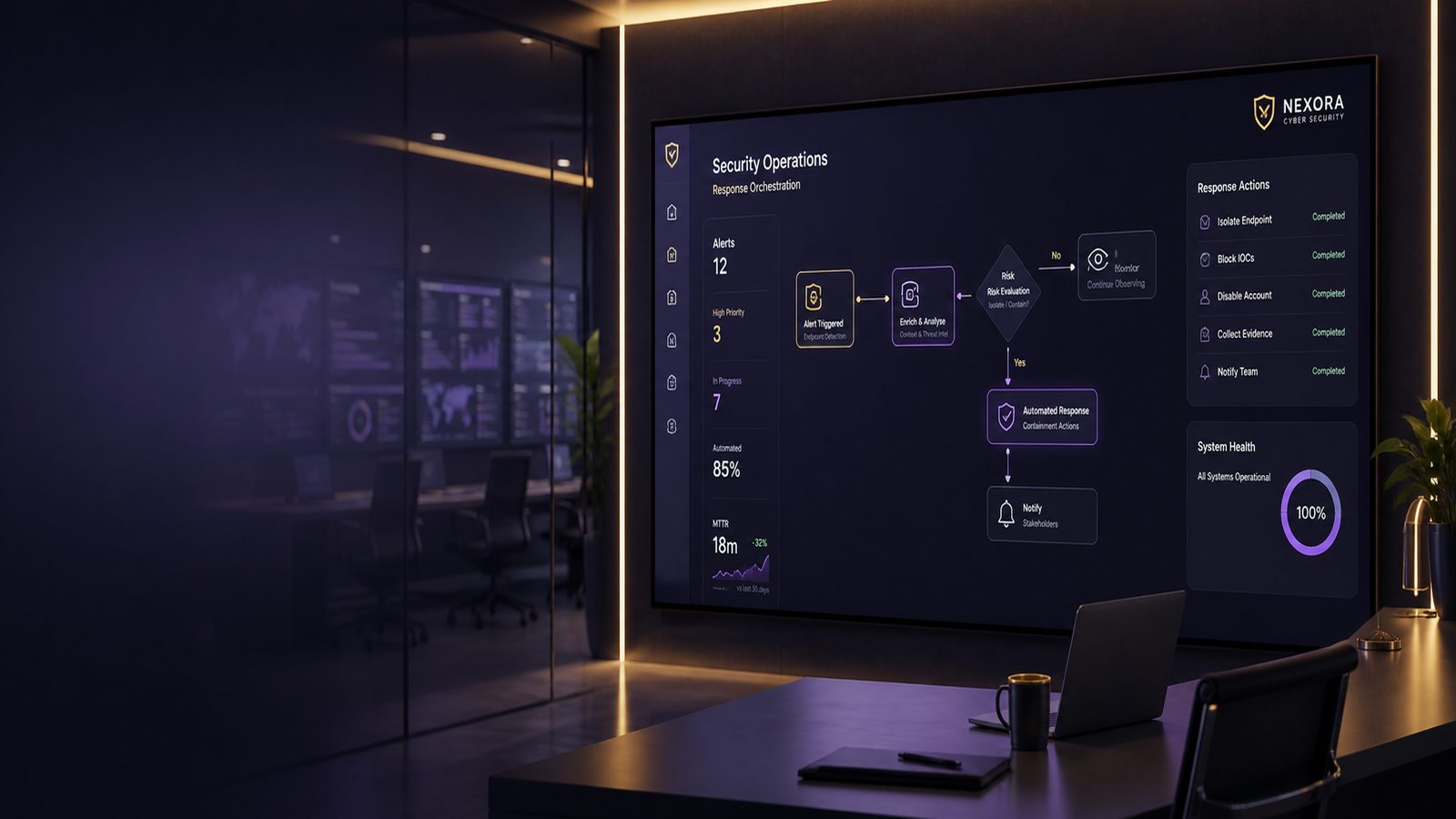 A modern security operations dashboard showing automated response workflows and alert handling in a calm, professional environment.
