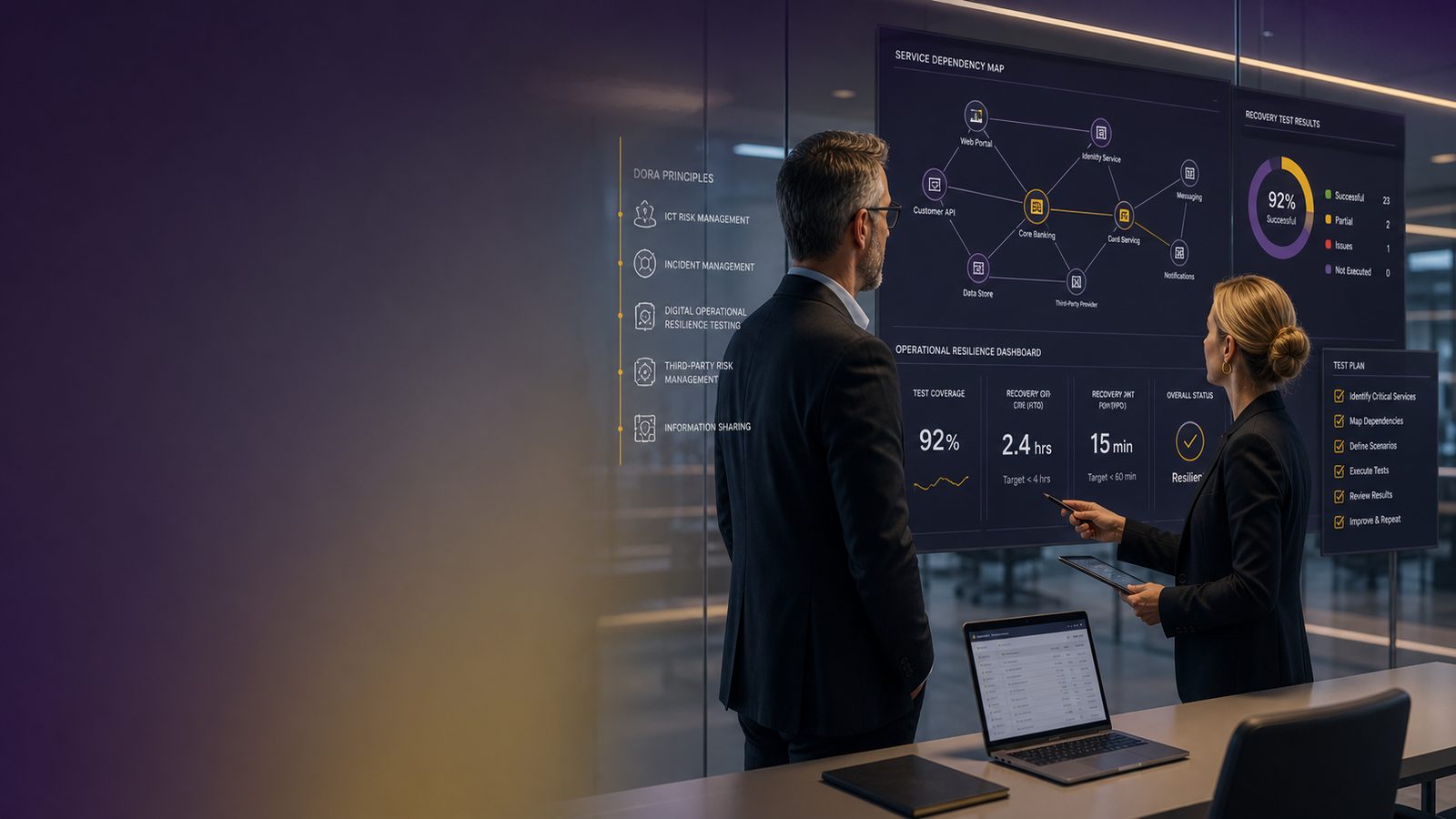 Two professionals reviewing operational resilience test results and service dependency maps on a dashboard in a modern corporate setting.