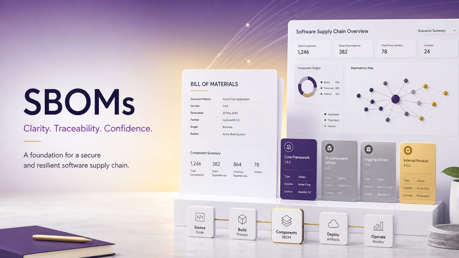 Abstract wide image of a software supply chain overview with layered component cards and dashboard-style dependency mapping in subtle gold and purple tones.