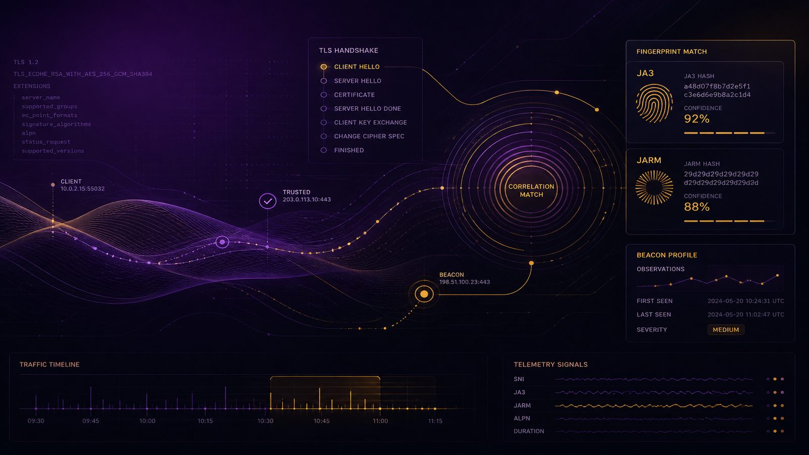 Abstract cybersecurity illustration showing network telemetry, fingerprint-style detection signals, and analytical connection lines in a calm gold and purple palette.