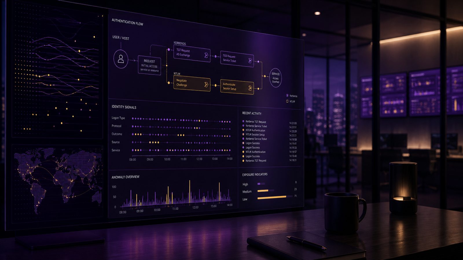 A modern security operations dashboard showing identity authentication monitoring with subtle purple and gold highlights
