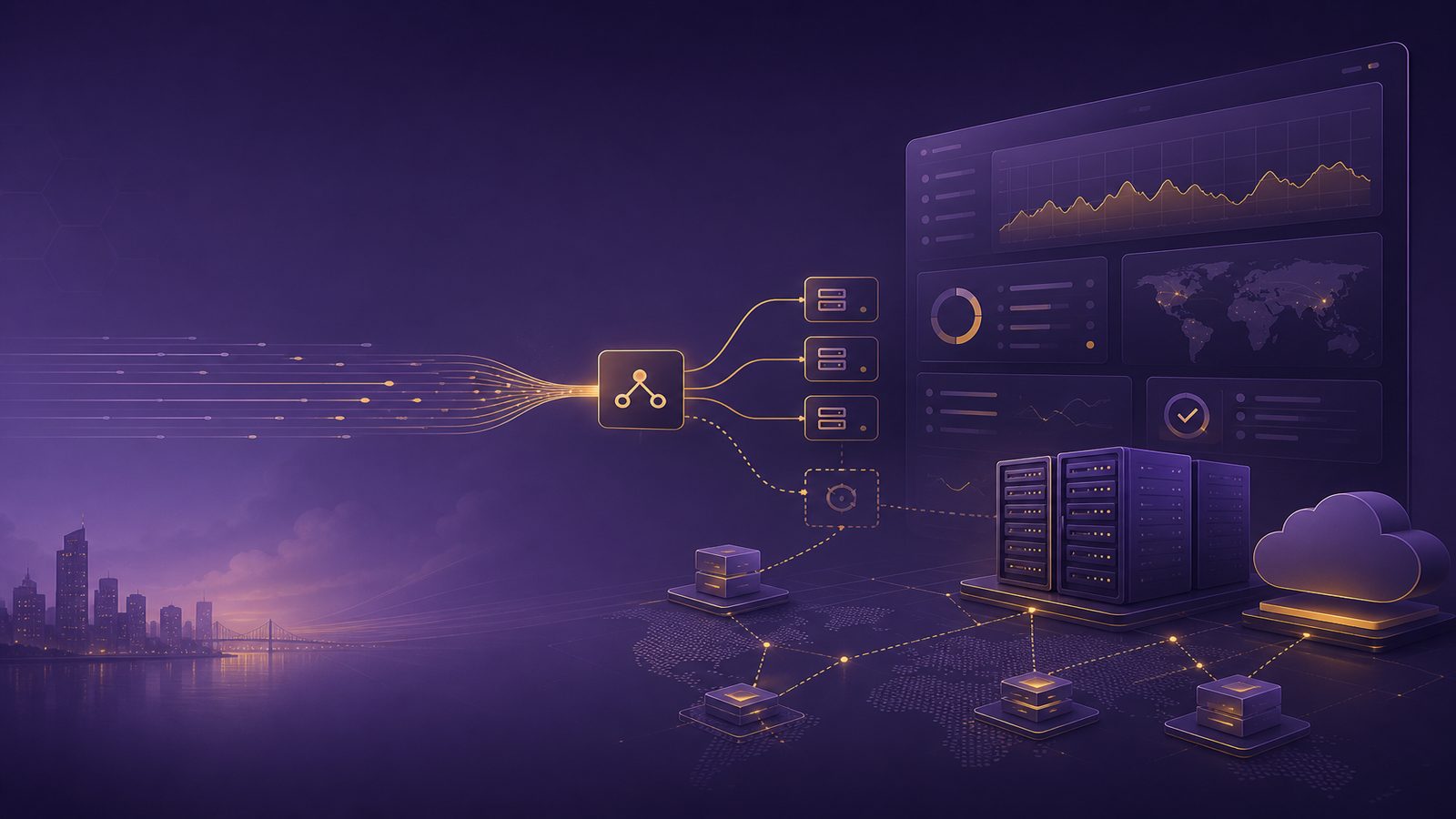 Abstract illustration of a business website and monitoring dashboard under high traffic, showing resilient network and service design in a purple and gold corporate style.