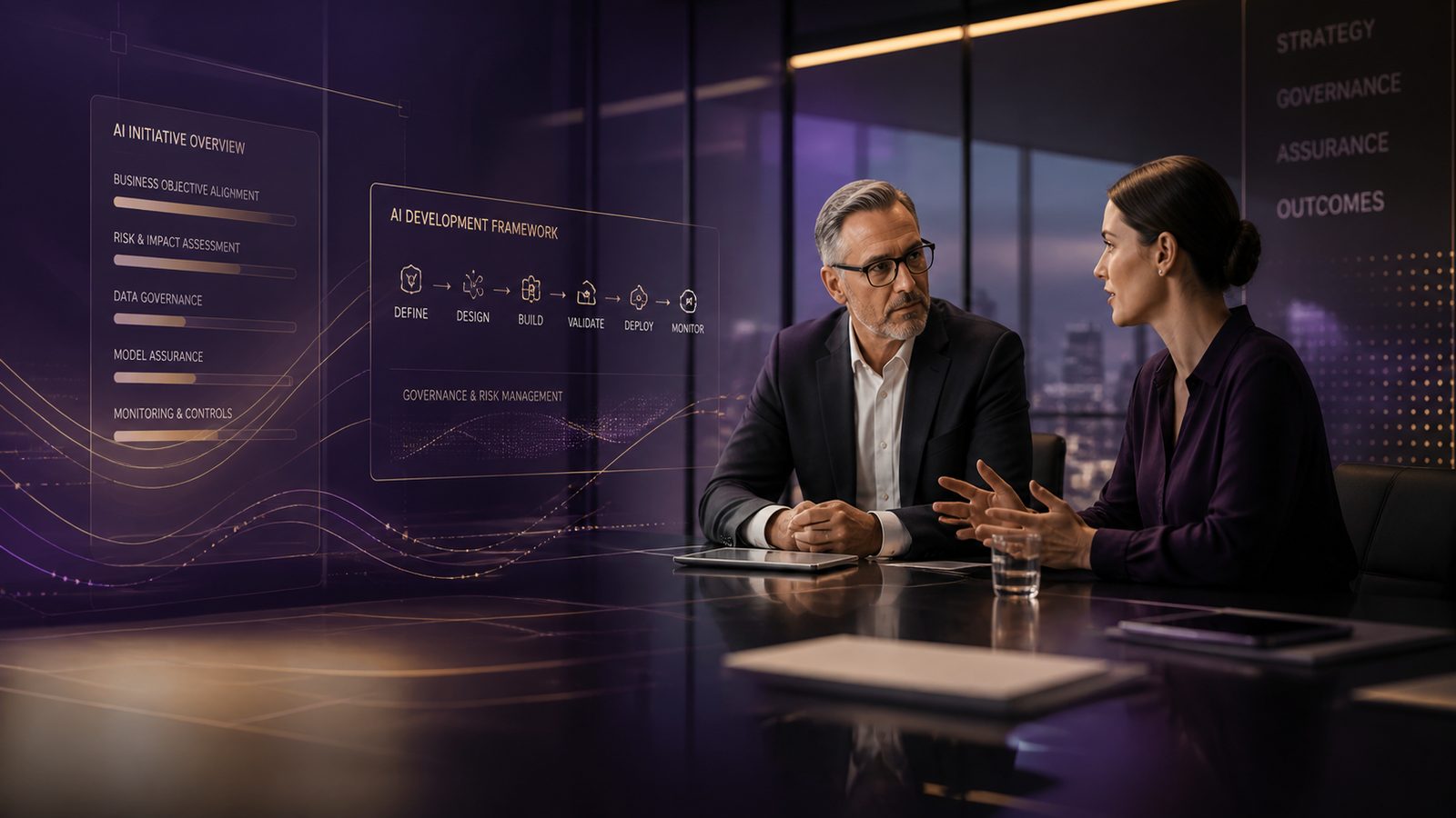 Business leader and technical colleague reviewing secure AI development controls in a modern office with subtle digital interface overlays