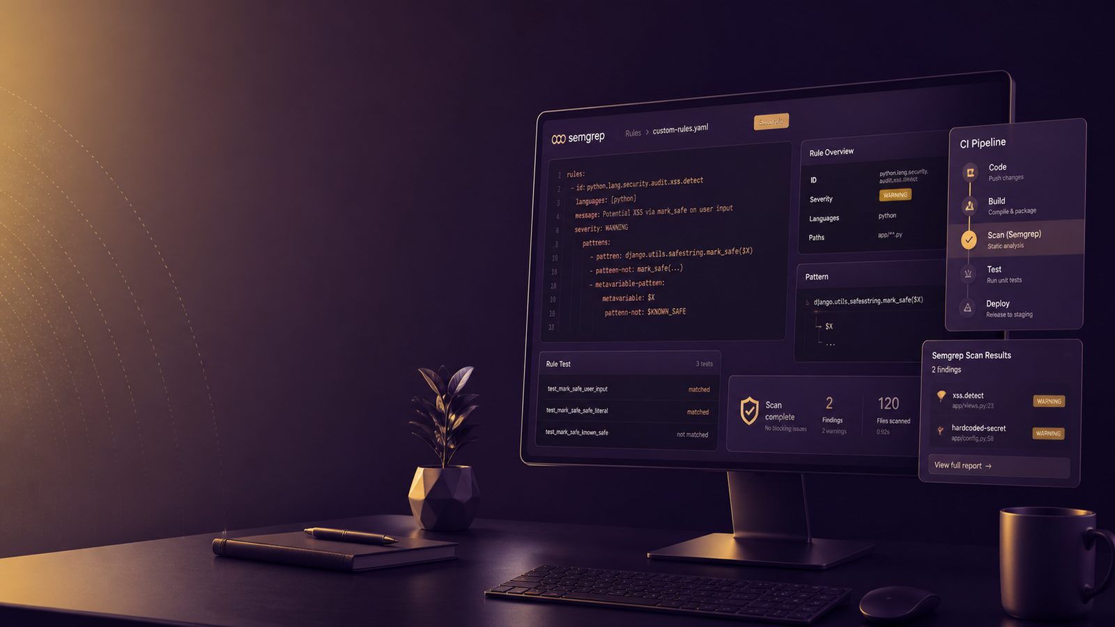 Abstract technical workspace with code review panels and subtle pipeline checkpoints representing custom Semgrep SAST rules.