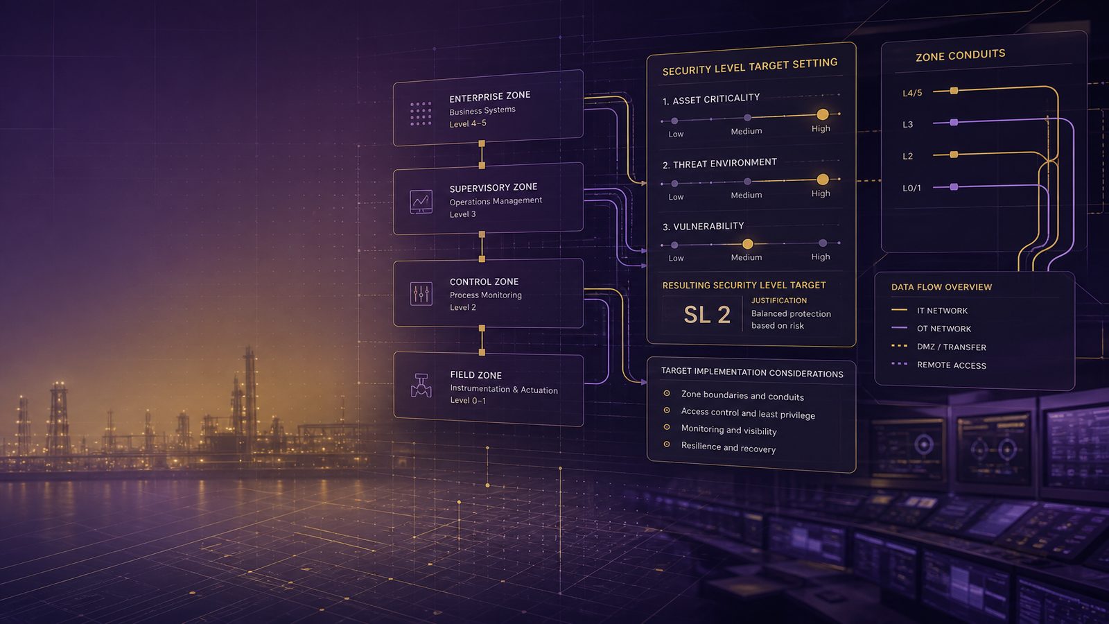Abstract industrial cybersecurity illustration showing segmented OT zones and security level target planning for IEC 62443