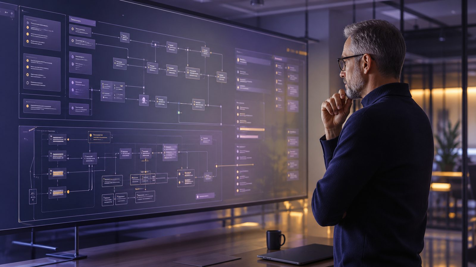 A software architect reviewing secure design checkpoints on a system architecture diagram in a modern workspace