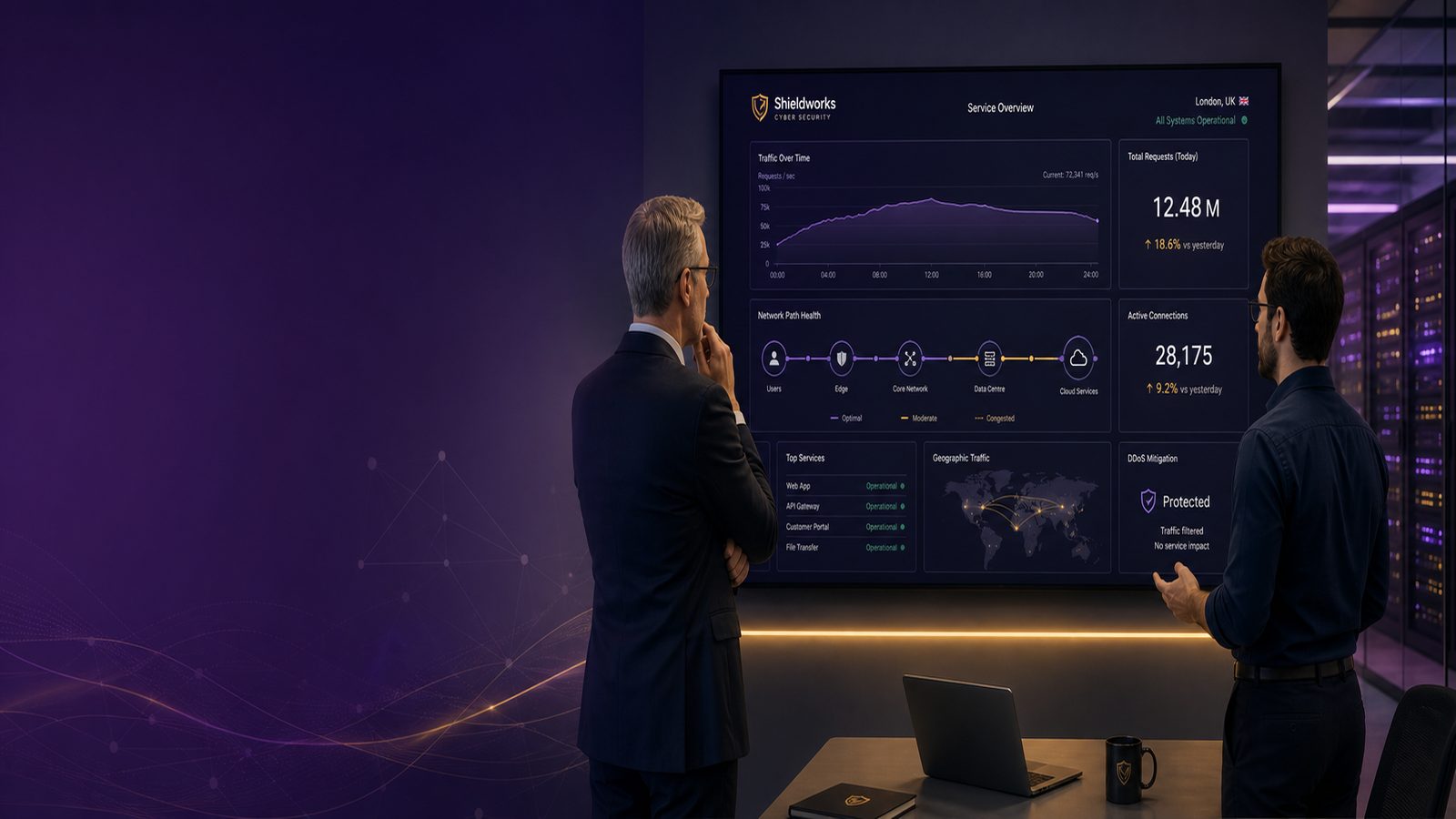Business and technical leaders reviewing a service dashboard showing network congestion and resilience planning