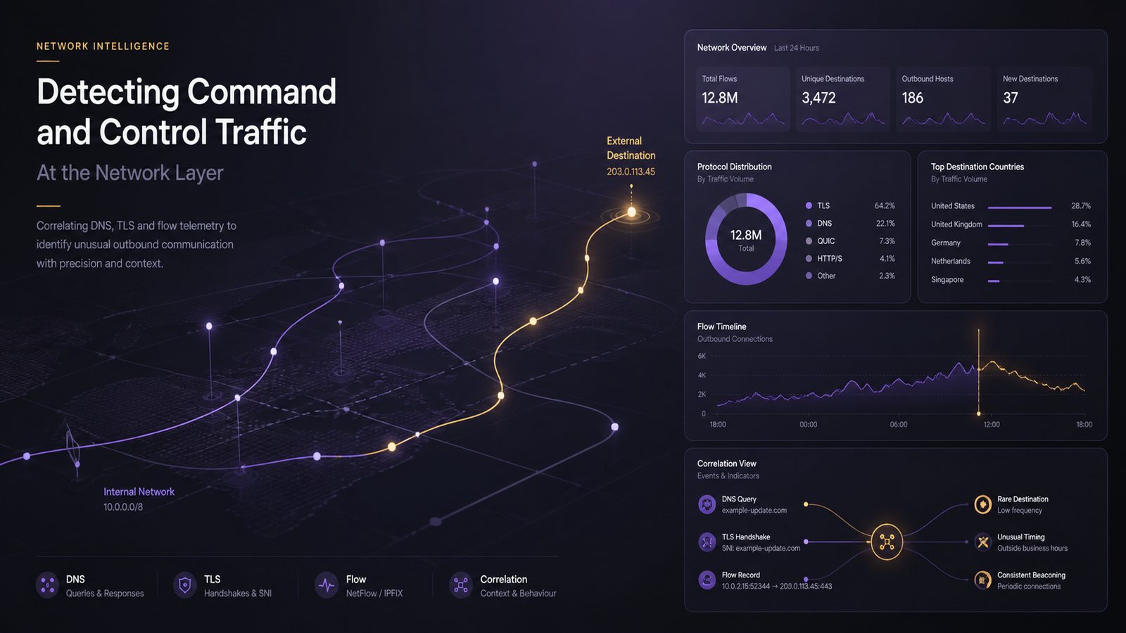 Abstract network monitoring scene showing traffic analysis and suspicious outbound connections for command-and-control detection