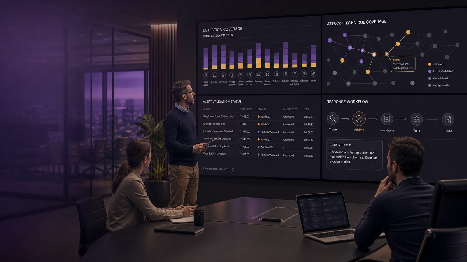Security analysts reviewing detection validation against MITRE ATT&CK on a dashboard in a modern operations workspace