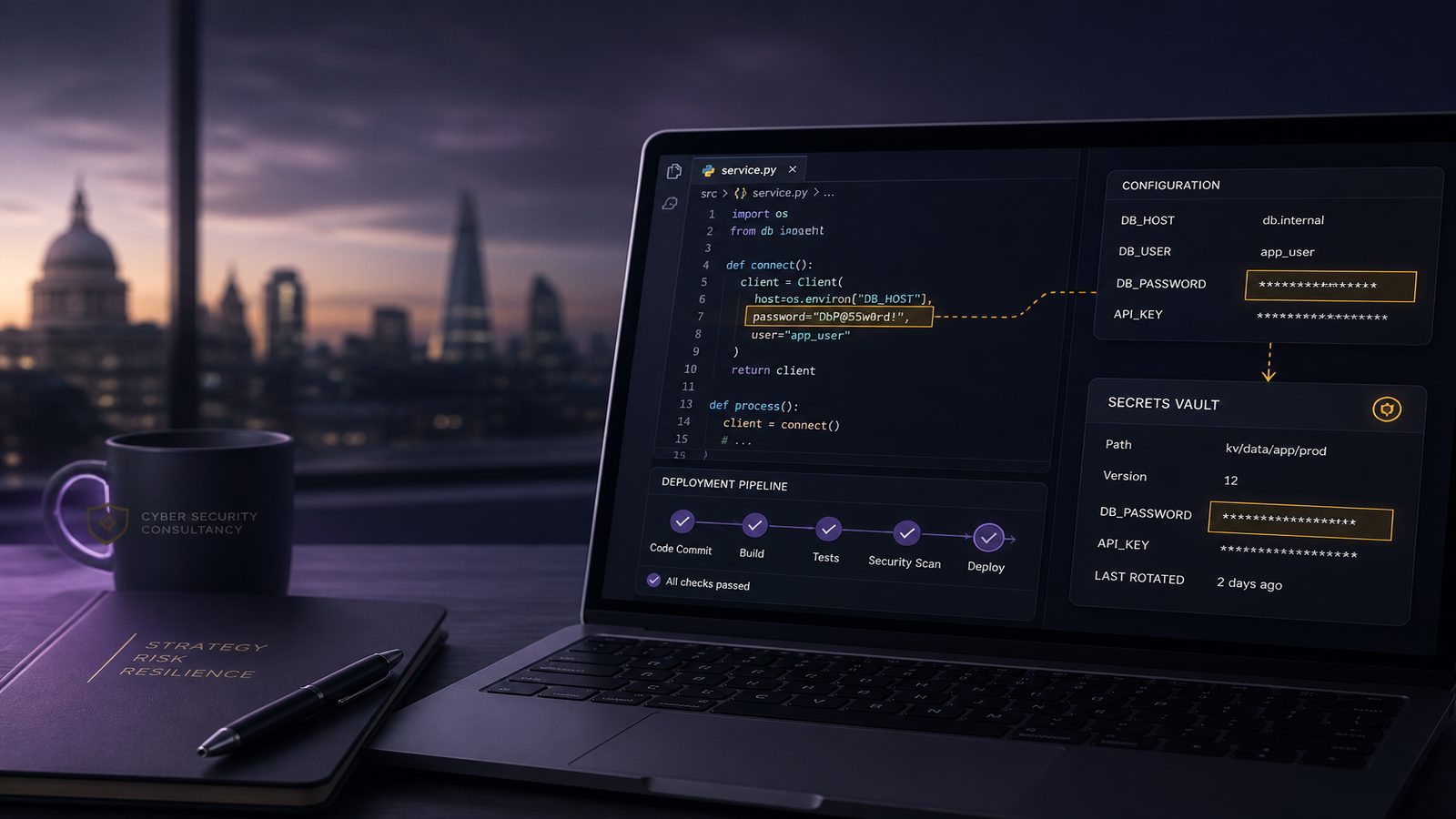 Modern software development workspace with code and secure secrets management interface, using subtle gold and purple accents