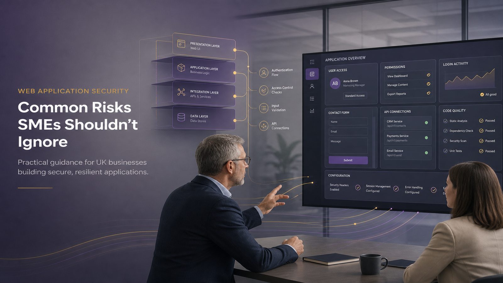 Business and technical colleagues reviewing web application security controls on a modern dashboard with subtle access, API, and configuration highlights