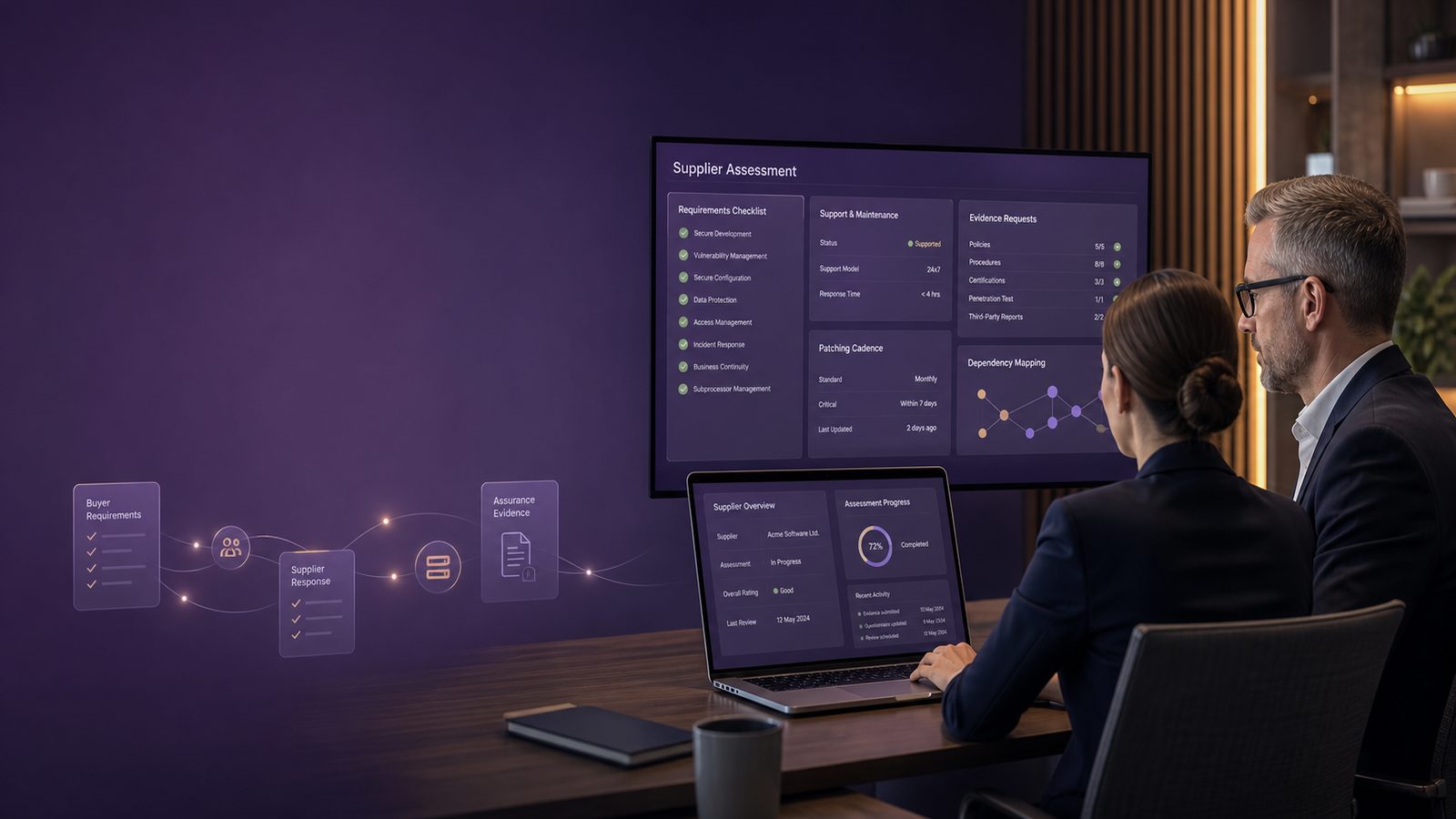 Two professionals reviewing supplier security requirements on a widescreen dashboard in a modern office