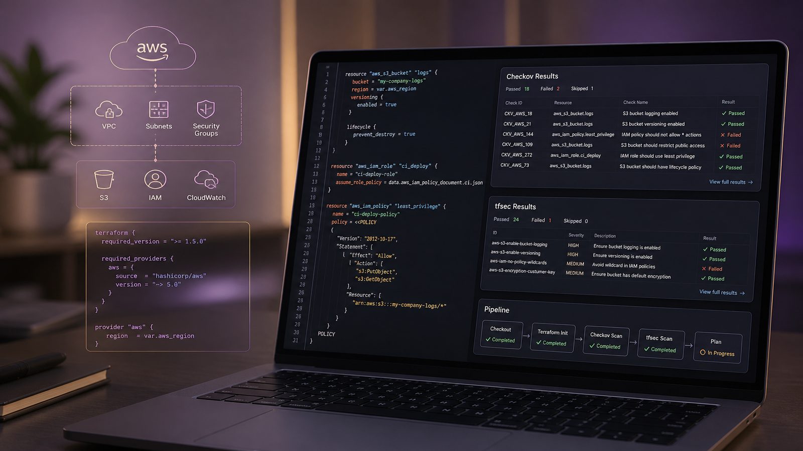 Professional DevSecOps workspace showing infrastructure as code scanning in CI with abstract policy checks, cloud configuration visuals, and subtle gold and purple accents.